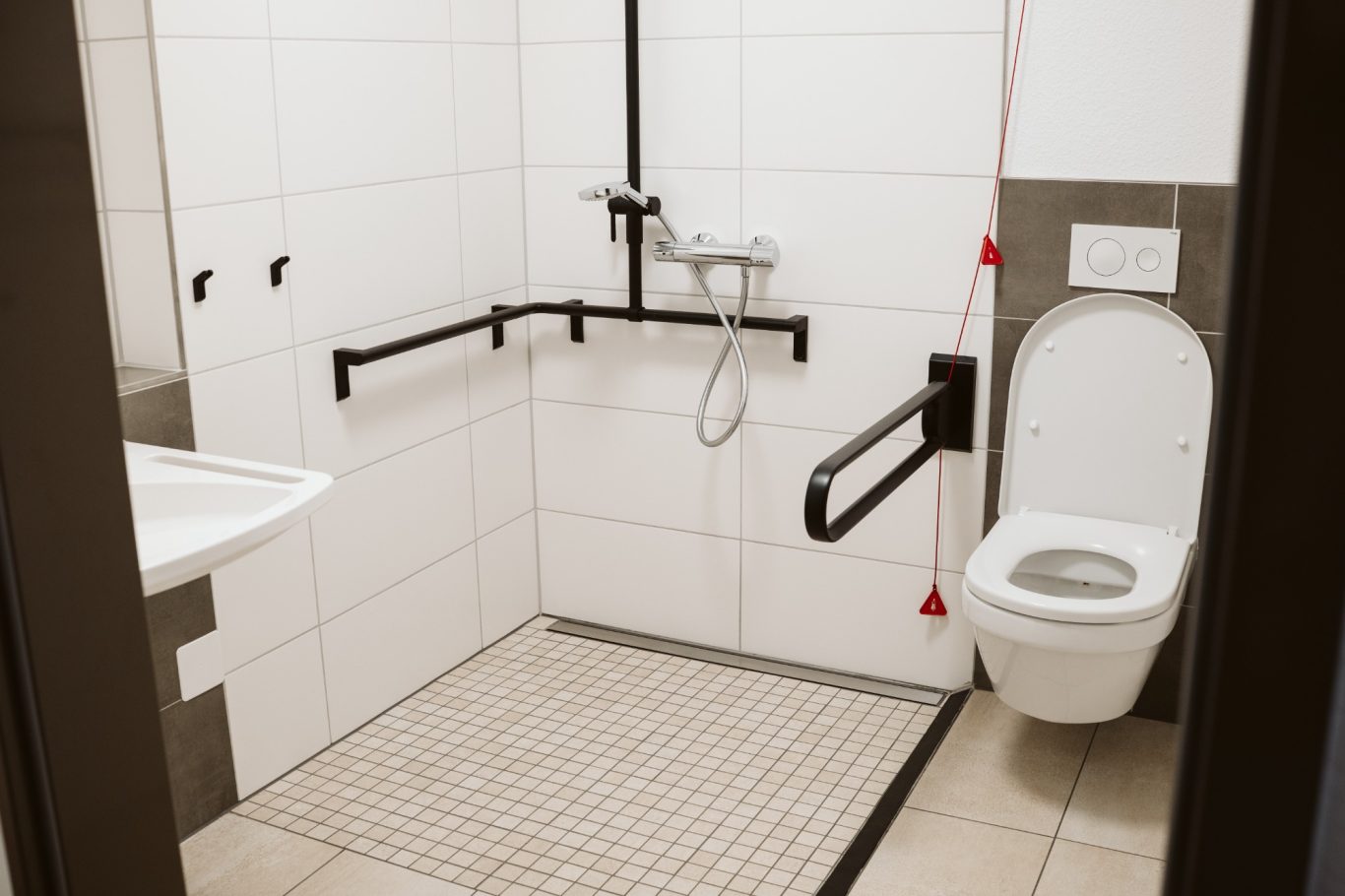 Barrierefreies Badezimmer mit Dusche, Haltegriffen und behindertengerechter Toilette.