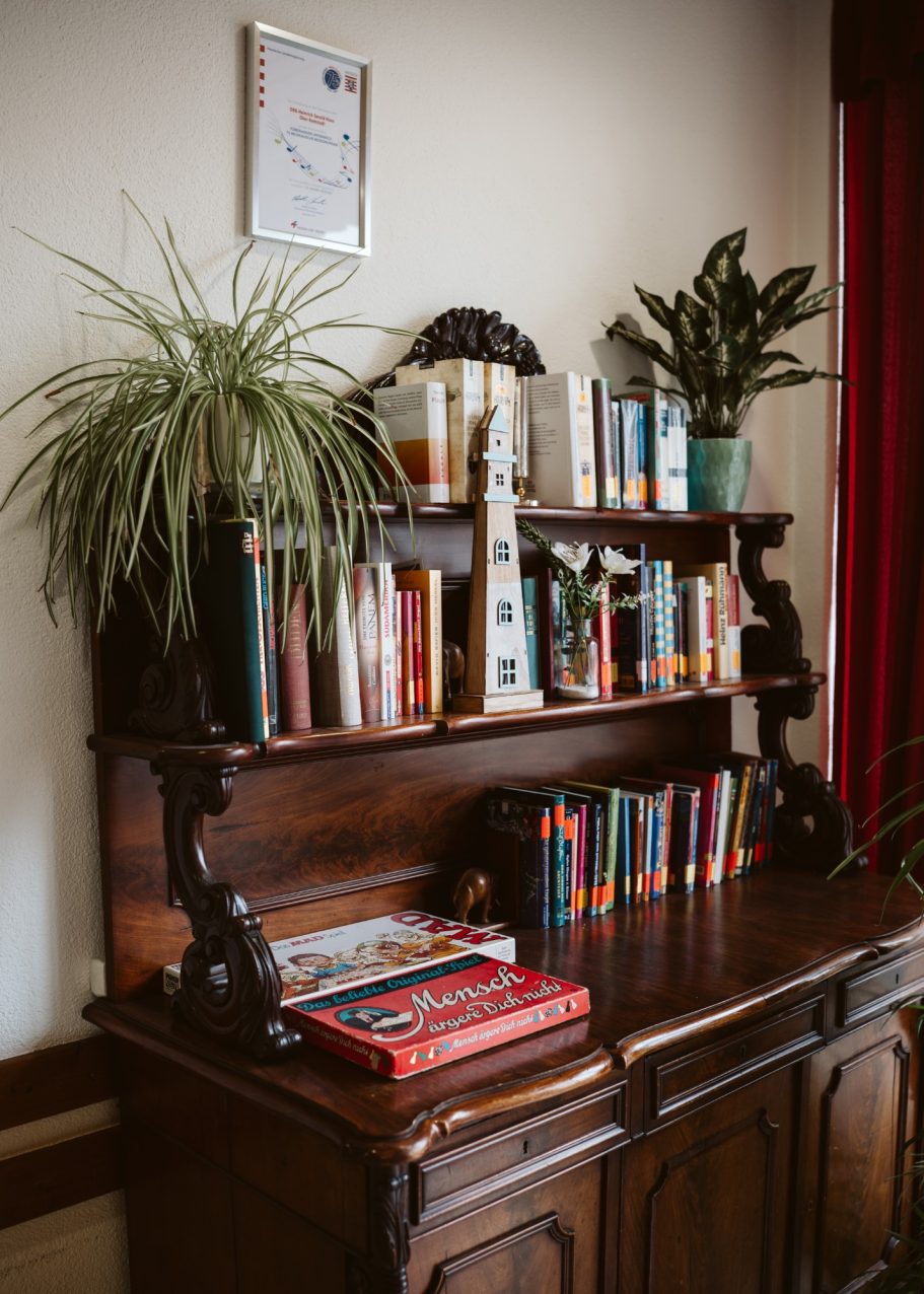 Ein Holzgestell mit Bücherregalen, Pflanzen und dekorativen Objekten.