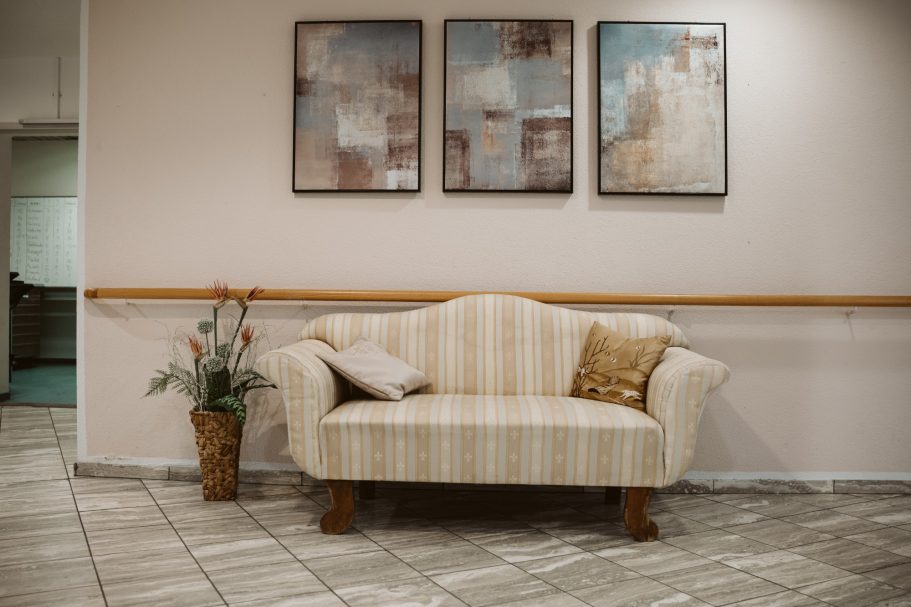 Gemütliche Couch mit Kissen vor einer Wand mit abstrakten Bildern und einer Pflanze.